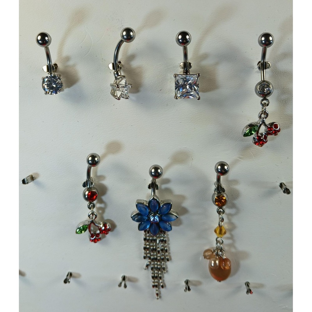 Vintage 90s Belly Button Rings 316L Surgical Steel 14G Cherry Flower CZ 7pc Set - Picture 15 of 17